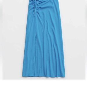 New Aerie Blue Maxi A-Line Skirt with Ruched Slit Swim Cover Up (S)